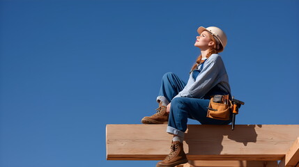 Cheerful construction female worker enjoying the sun on a wooden beam  