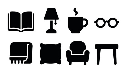 Cozy home essentials icon set – solid style comfort, decor, and leisure symbols for interior design: book, lamp, coffee cup, glasses, blanket, pillow, armchair, table.