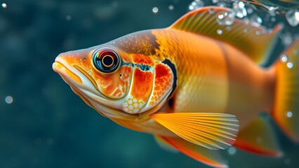 Fish, aquatic, underwater, colorful, vibrant, close-up, detailed, scales, fins, gills, eyes, iridescent, orange, yellow, black, white, blue, teal, shimmering, translucent fins, flowing fins, water,