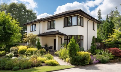 Fototapeta premium Suburban home with landscaped front yard on a sunny day; perfect for showcasing real estate or home design