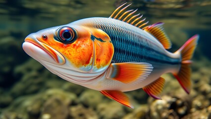 Fish, aquatic, underwater, colorful, vibrant, close-up, detailed, scales, fins, gills, eyes, iridescent, orange, yellow, black, white, blue, teal, shimmering, translucent fins, flowing fins, water, 