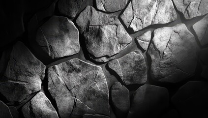 Dark stone wall texture.  High contrast, uneven, natural stonework.  Illuminated in spotlight
