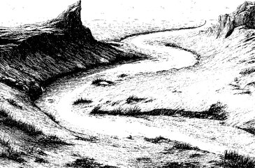 Fototapeta premium Serene landscape with river bend and engraved details for artistic design