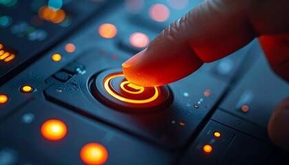 Finger pushing power button on futuristic control panel