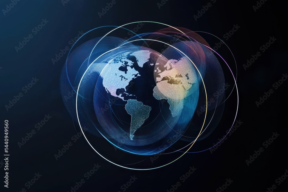 Poster circles overlap globe illustrating connectivity on a dark background, circles over globe on black ba