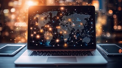 Global network connection displayed on a laptop