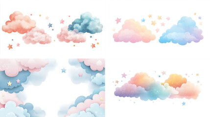 Pastel clouds and stars design elements.