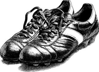 Engraved illustration of classic soccer shoes with detailed design for sports enthusiasts