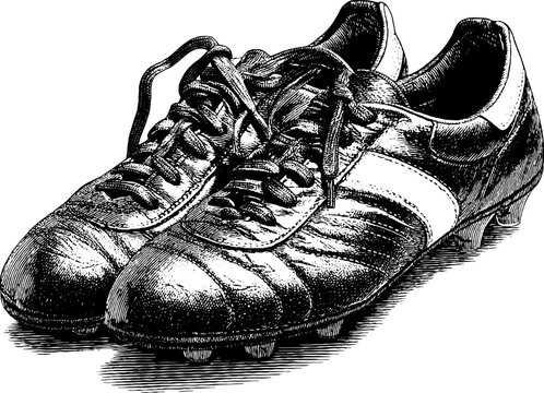 Engraved illustration of classic soccer shoes with detailed design for sports enthusiasts