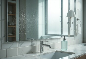 Modern bathroom sink with water-splashed mirror and sunlight through window.