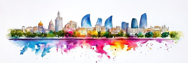 Obraz premium watercolor baku azerbaijan downtown skyline