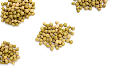 Canned green peas on white background.