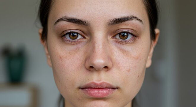 A close-up portrait of a young woman with dull, tired skin, slightly uneven complexion, under-eye shadows, and mild blemishes.