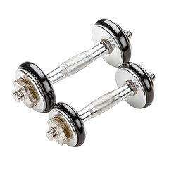 Naklejka premium Two shiny chrome dumbbells sit on a white surface for fitness training.