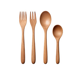Wooden forks and spoons set isolated on transparent background