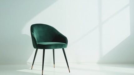 Modern green velvet chair in minimalist elegance, showcasing refined design and comfort