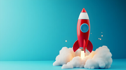 A red rocket is flying through the sky