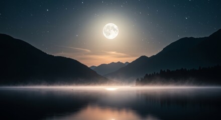 The full moon brightly illuminates the calm lake, surrounded by dark silhouettes of mountains and pine trees under a starry night sky with a slight haze over the water.