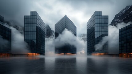 Obraz premium Modern buildings shrouded in mist, reflecting in a wet plaza