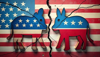 US divided concept, republicans democrats society polarization, american flag on cracked background, protest and elections in America, created with generative ai