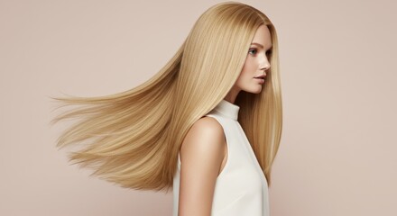 Naklejka premium Attractive young woman with long, straight, shiny platinum hair flowing in motion looking to the right against a soft beige background with plenty of free space on the right.