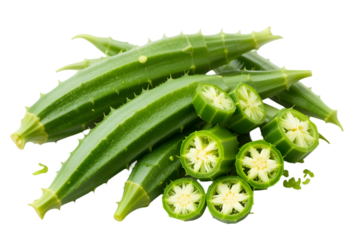 Fresh Green Okra Pods and Slices Isolated on White for Healthy Eating Concepts: Whole and Cut Okra Vegetable Imagery: Okra, Green, Pods, Slices, Isolated, White, Fresh, Healthy, Eating, Vegetable PNG.