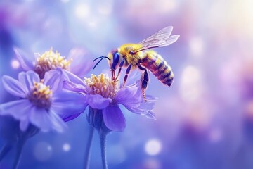 Naklejka premium Big carpenter bee collects pollen from vibrant flowers in a sunny garden during springtime, Big bee with pollen Xylocopa carpenter bee insect Taking nectar in purple flower Flying