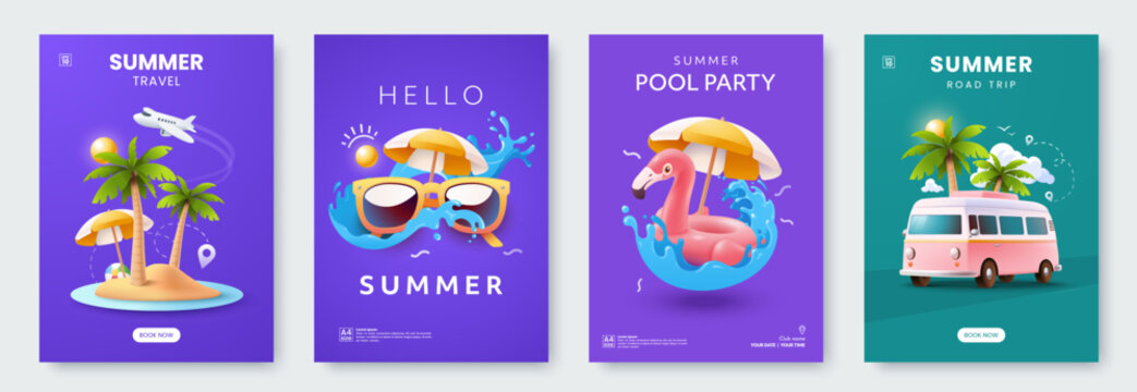Fun and vibrant illustrations for summer themes: island getaway, sunglasses, pool party, and road trip. Summer posters in 3d style. Ideal for advertising, banner, and invitation. Vector eps 10