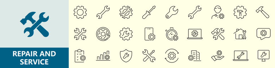 Repair icon set. Containing fix, maintenance, toolbox, assistance, broken, troubleshoot, patch and repairman service icons. Solid icon collection. Vector illustration.