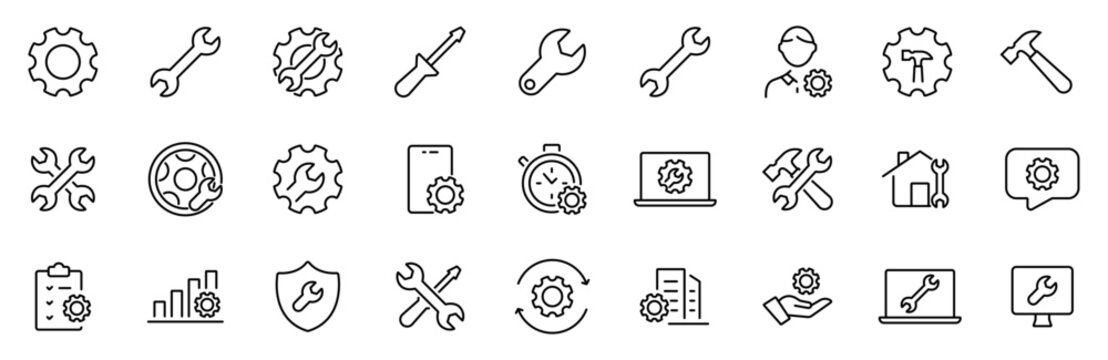 Set of outline icons related to repair, maintenance, construction. Linear icon collection. Editable stroke. Vector illustration