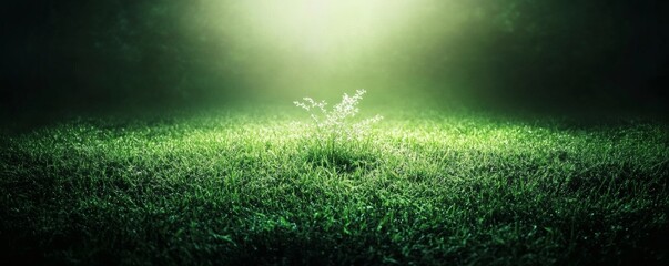 Lush green grass field illuminated by a light source.