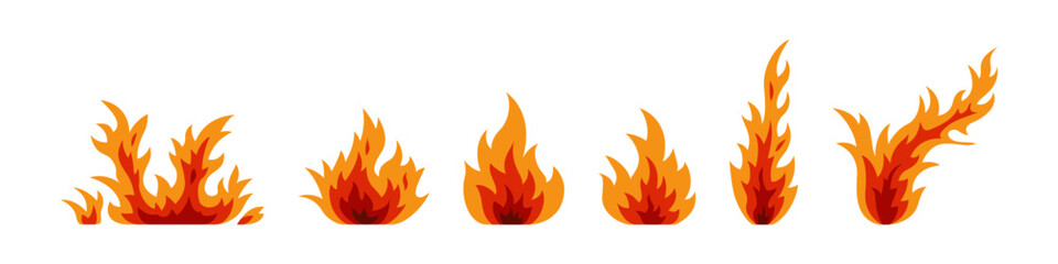 A collection of six cartoon-style fire flames in various shapes, ideal for hot, energy, or warning-themed design projects