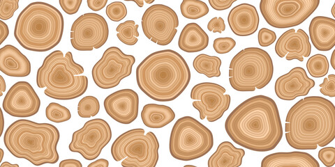 Obraz premium A seamless pattern of various tree log cross-sections with visible growth rings, set against a white background for a clean, natural design