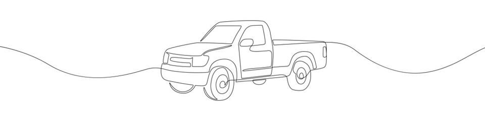 Minimalist one line drawing of a pickup truck in black on white, perfect for automotive design, icons, or modern art © polgin