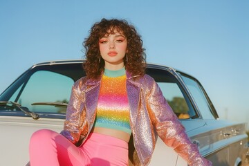 Woman in rainbow striped sweater, pink jacket, classic car, sunset light, curly hair, outdoor retro style, cheerful vibe, freedom, colorful portrait, unique fashion, modern vintage

