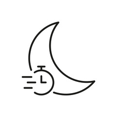 Moon With Stopwatch Line Icon. Nighttime Efficiency, Sleep Tracking, And Time Management Outline Symbol. Restful Sleep Optimization. Editable Stroke. Isolated Vector Illustration