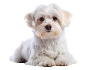 Cute white maltese dog lying down portrait isolated on white background