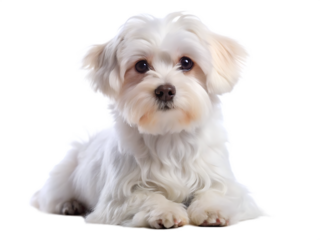 Cute white maltese dog lying down portrait isolated on white background