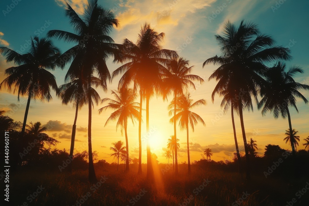 Poster sunset over palm trees creates a stunning timelapse of vibrant colors in the evening sky, a beautifu