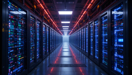 Obraz premium Long row of active servers in data center