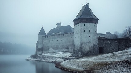 Naklejka premium Medieval castle by a lake shrouded in mist; winter scene with snow-covered ground