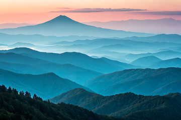 Naklejka premium Serene sunset hues create a breathtaking panorama of rolling hills and mountains, forming a tranquil landscape bathed in soft pastel light. 