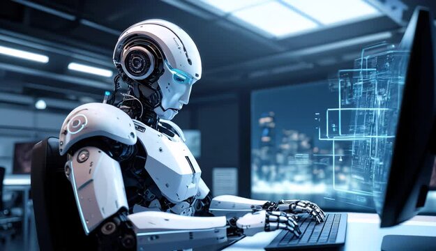 Ai technology, Artificial Intelligence.  smart robot AI typing at computer