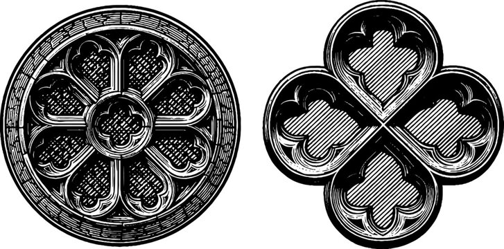 Engraved illustration set featuring ornate rose window and mullion design elements