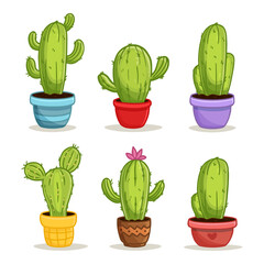 Set of cute cartoon cactus in the pot on the white background. Cactus in flat style for magazine, cards, games, books. Funny cacti. Vector illustration
