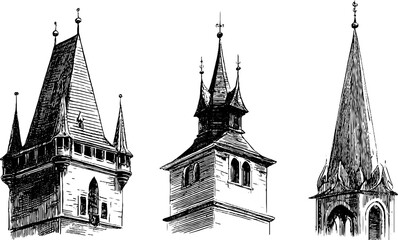 Fototapeta premium Gothic towers engraving set with intricate architectural details for historical design projects