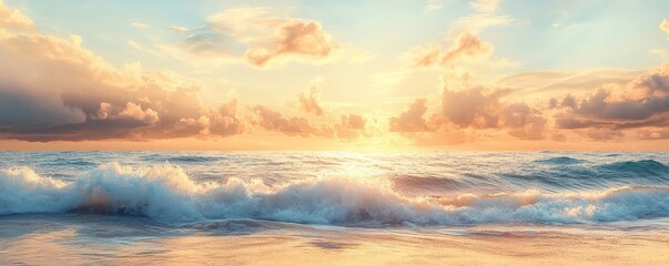 Golden sunrise over a tranquil ocean shore.