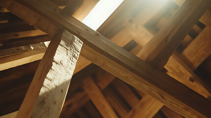 Obraz premium Wooden Beams and Rafters in a Timber Frame Structure
