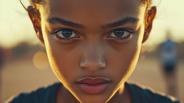 A young runner crossing the finish line, their bold, determined eyes gleaming with triumph and resilience.