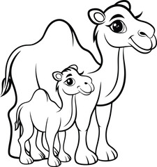 Parent and Baby Camel Outline Drawing for Coloring or Artwork

